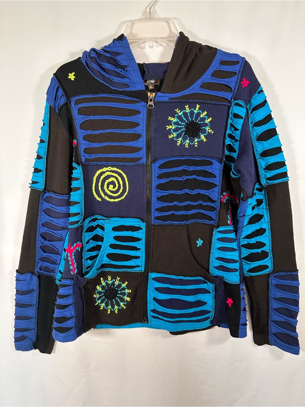 Coline Boho Patchwork Razor‎ Cut Hoodie XL Blue Black Hippie Festival Cotton